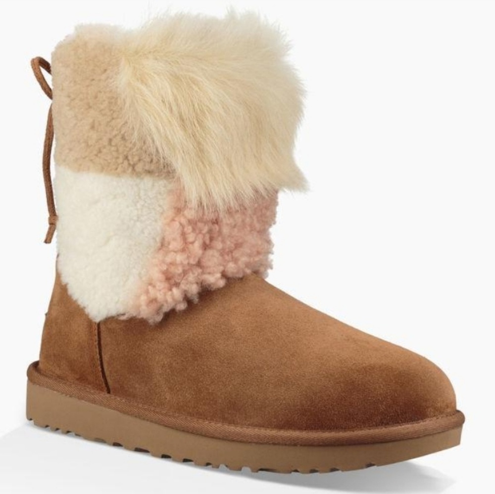 UGG Classic Patchwork Fluff Boot Chestnut Sz 8